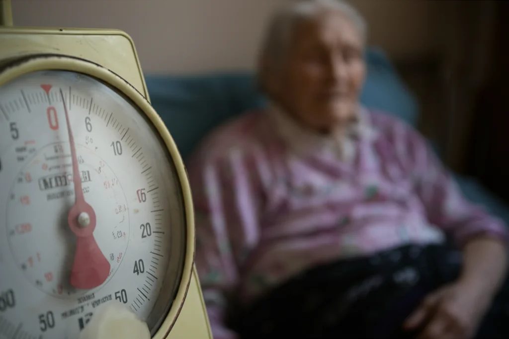 Primo piano di una bilancia medica analogica, sfocata sullo sfondo una persona anziana che respira con fatica ma con un'espressione serena. Luce soffusa, lente prime 35mm, profondità di campo ridotta per enfatizzare la bilancia.