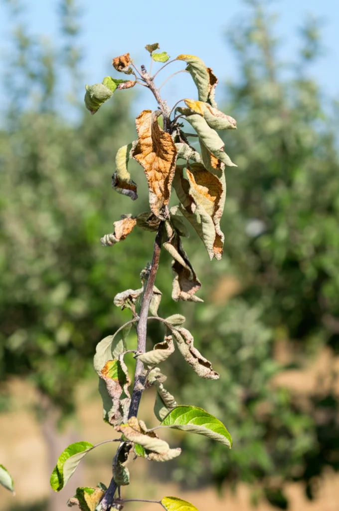 Fotografia di un melo che mostra segni evidenti di stress idrico, foglie appassite e leggermente ingiallite, in un frutteto durante una siccità estiva. Obiettivo zoom 35mm, profondità di campo che sfoca leggermente lo sfondo.