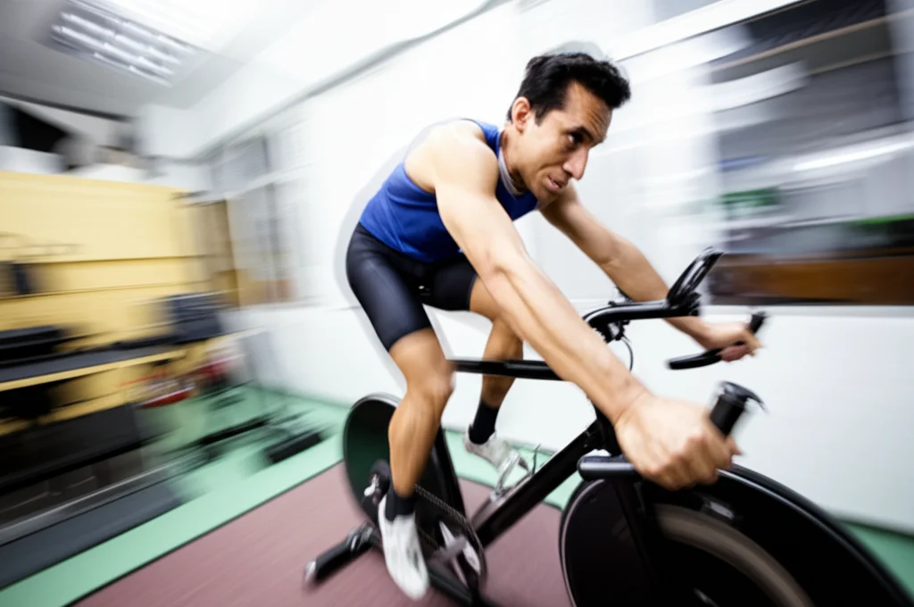 Atleta maschio esegue un test Wingate su cicloergometro in un laboratorio di scienze motorie. Teleobiettivo zoom 150mm, fast shutter speed per congelare il movimento intenso delle gambe, luce da laboratorio controllata, focus sull'espressione di sforzo dell'atleta.