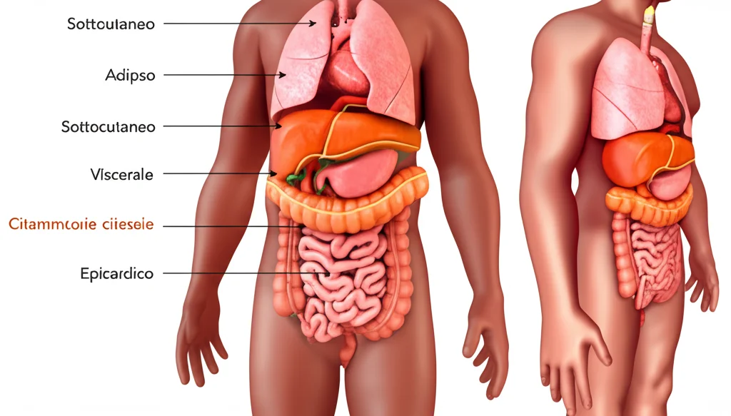Visualizzazione medica stilizzata che mostra diversi tipi di tessuto adiposo (sottocutaneo, viscerale, epicardico) attorno agli organi interni, con frecce che indicano il rilascio di citochine infiammatorie. Colori contrastanti, alta definizione.