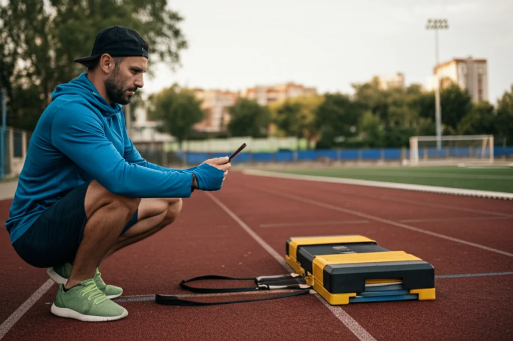 Un allenatore con un tablet osserva un runner eseguire salti verticali su una pedana portatile all'aperto, su una pista di atletica. Prime lens 35mm, depth of field che sfoca leggermente lo sfondo, luce naturale del tardo pomeriggio.