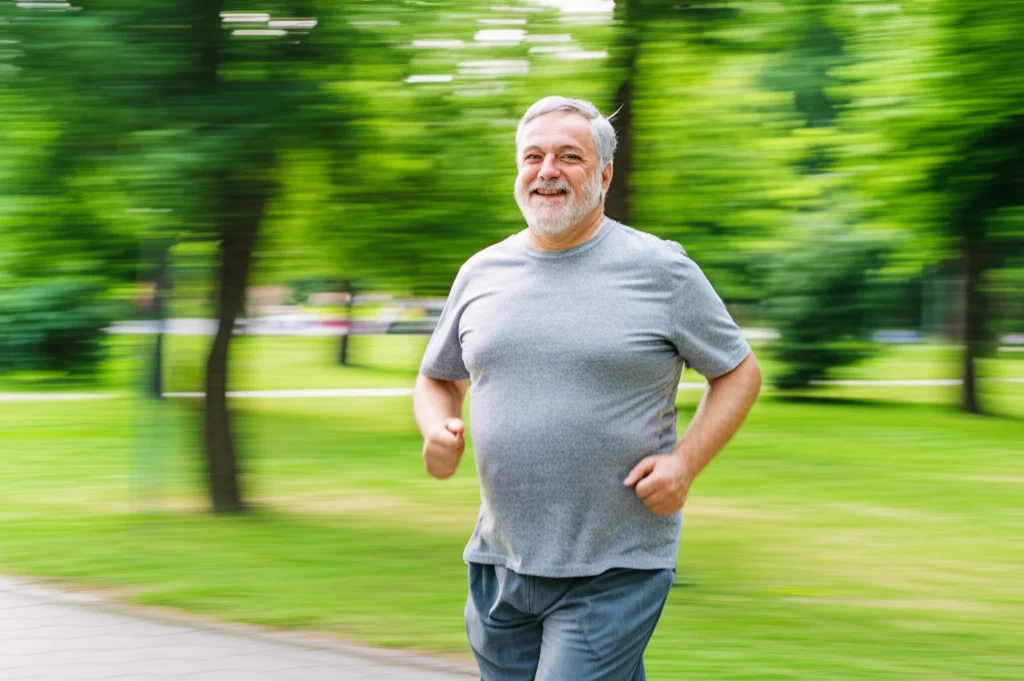 Una persona di mezza età in sovrappeso che cammina energicamente in un parco verde, sorridendo. Scatto in movimento, teleobiettivo zoom 150mm, fast shutter speed per congelare l'azione ma con leggero motion blur sullo sfondo.