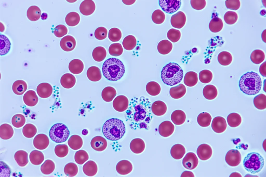 Fotografia macro di un campione di sangue in laboratorio, evidenziando globuli rossi, globuli bianchi (neutrofili visibili) e plasma contenente albumina. Lente macro 100mm, alta definizione, illuminazione controllata da laboratorio, sfondo leggermente sfocato.