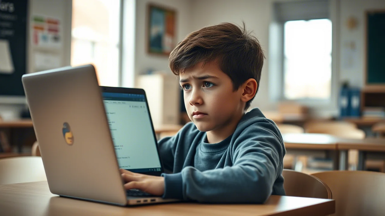 Ritratto di uno studente adolescente (12-13 anni) seduto a una scrivania con un laptop aperto su un ambiente di programmazione Python. Lo studente ha un'espressione concentrata ma leggermente frustrata. Luce naturale laterale da una finestra. Obiettivo 35mm, profondità di campo ridotta per mettere a fuoco lo studente e sfocare leggermente lo sfondo della classe. Toni colore naturali.