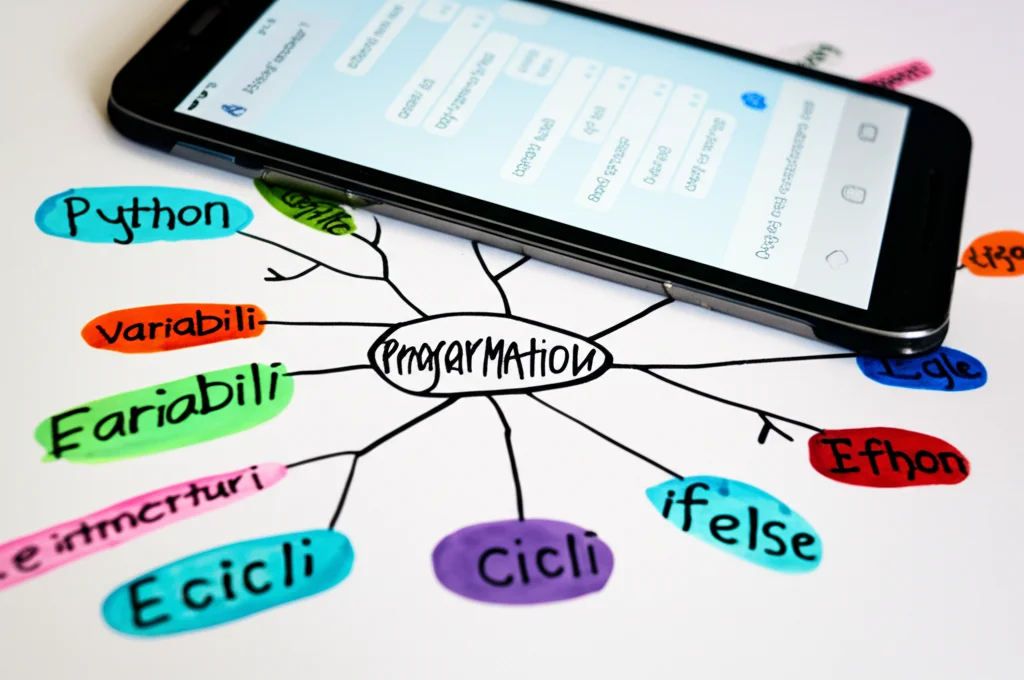 Fotografia macro di una mappa mentale colorata disegnata a mano su un foglio di carta, con rami e parole chiave relative alla programmazione Python (es. 'variabili', 'cicli', 'if/else'). Accanto, uno smartphone mostra un'interfaccia chatbot con una conversazione attiva. Illuminazione da studio controllata, obiettivo macro 100mm, alta definizione dei dettagli, messa a fuoco precisa sulla mappa e sullo schermo.
