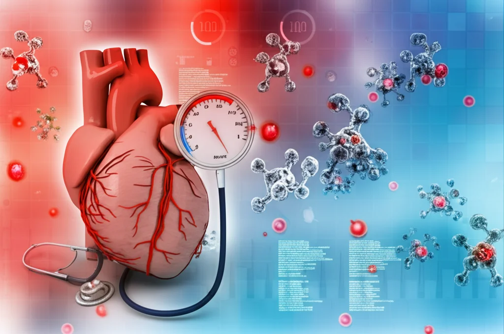 Immagine concettuale che mostra un cuore umano stilizzato con un misuratore di pressione sanguigna e simboli di infiammazione (neutrofili stilizzati) e nutrizione (molecole di albumina stilizzate) che interagiscono. Sfondo medico astratto, colori rosso e blu predominanti.