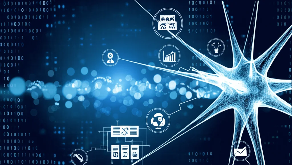 Immagine concettuale astratta che rappresenta il pensiero computazionale. Rete neurale luminosa o ingranaggi interconnessi su sfondo blu scuro, con simboli di codice binario (0 e 1) e icone stilizzate di problem solving, creatività, logica. Illuminazione high-tech, effetto bokeh sullo sfondo.