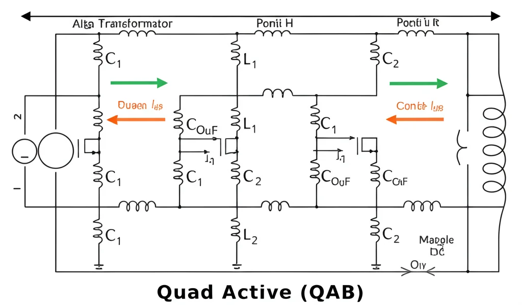 Illustrazione schematica dettagliata di un convertitore DC-DC Quad Active Bridge (QAB) con focus sui componenti elettronici come ponti H e trasformatore ad alta frequenza, flusso di potenza indicato da frecce luminose, illuminazione controllata high-tech, obiettivo macro 80mm, alta definizione.