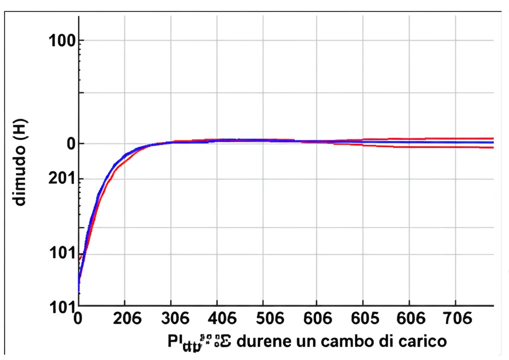Grafico di simulazione su schermo di computer che mostra la risposta dinamica superiore della tensione di uscita (linea blu stabile) con controllo MDCS-MPC rispetto a un PI controller (linea rossa con overshoot/undershoot) in un convertitore QAB durante un cambio di carico, focus nitido sul grafico, stile tecnico pulito.