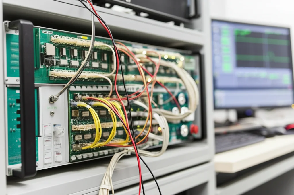 Piattaforma sperimentale Hardware-in-the-Loop (HIL) Typhoon 602 in un laboratorio high-tech, con schede di controllo DSP collegate tramite cavi ordinati, schermi che mostrano segnali in tempo reale, obiettivo prime 35mm, profondità di campo che sfoca leggermente lo sfondo.