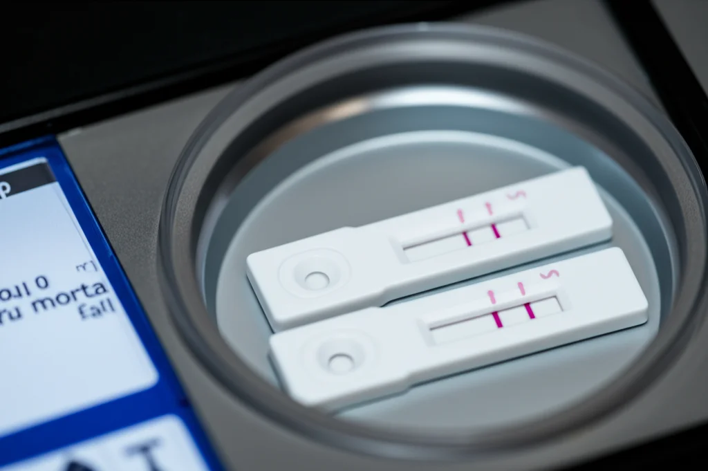 Natura morta, obiettivo macro 100mm, che mostra un confronto ravvicinato tra un pozzetto di una piastra ELISA che cambia colore, un'interfaccia generica di una macchina CLIA e una cassetta di test rapido a flusso laterale che mostra delle linee. Messa a fuoco precisa, illuminazione controllata da laboratorio.