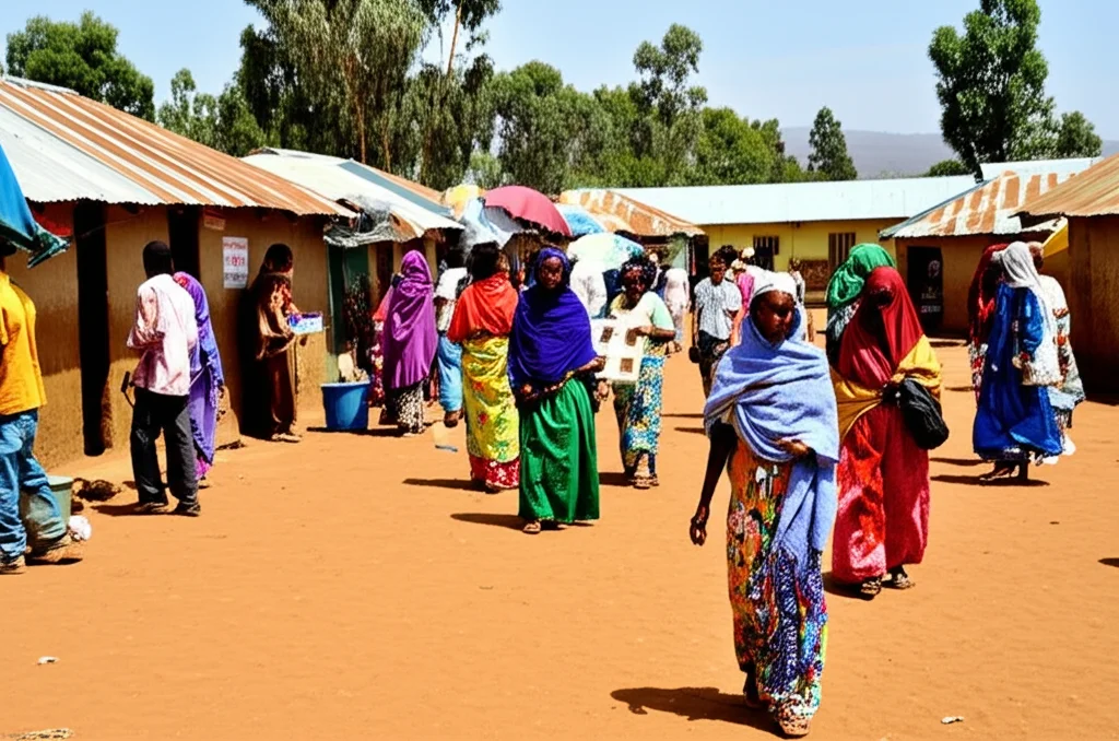 Paesaggio grandangolare, obiettivo 20mm, che ritrae una scena comunitaria diversificata in Etiopia (ad esempio, un mercato o una piazza cittadina, anonimizzata), simboleggiando la popolazione per cui la sorveglianza sierologica con test economici è cruciale. Messa a fuoco nitida, luce diurna naturale.