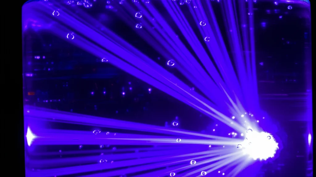 Immagine still life di un setup di laboratorio con luce UV che irradia una polvere di ossido metallico (ceria drogata con alluminio) sospesa in acqua, obiettivo macro 60mm, messa a fuoco precisa, illuminazione drammatica per evidenziare i raggi UV e le bollicine indicative della generazione di radicali.