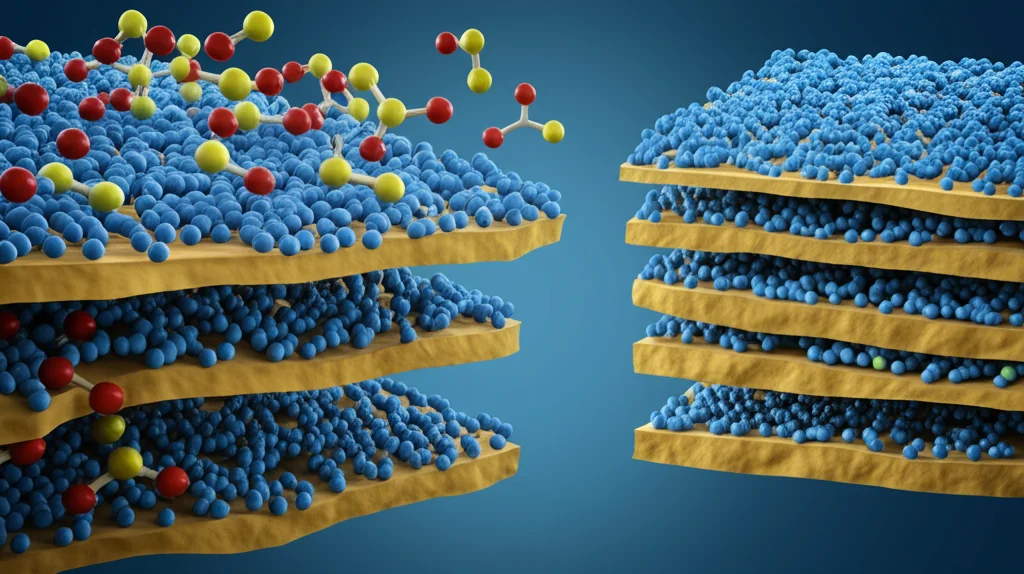 Visualizzazione 3D astratta che mostra particelle di argilla lamellare tipo bentonite con strati espansi, dove piccole molecole stilizzate di pesticidi sono intrappolate tra gli strati. Accanto, particelle di argilla caolino con strati ravvicinati senza molecole intrappolate. Illuminazione laterale drammatica, alto dettaglio, stile scientifico illustrativo.