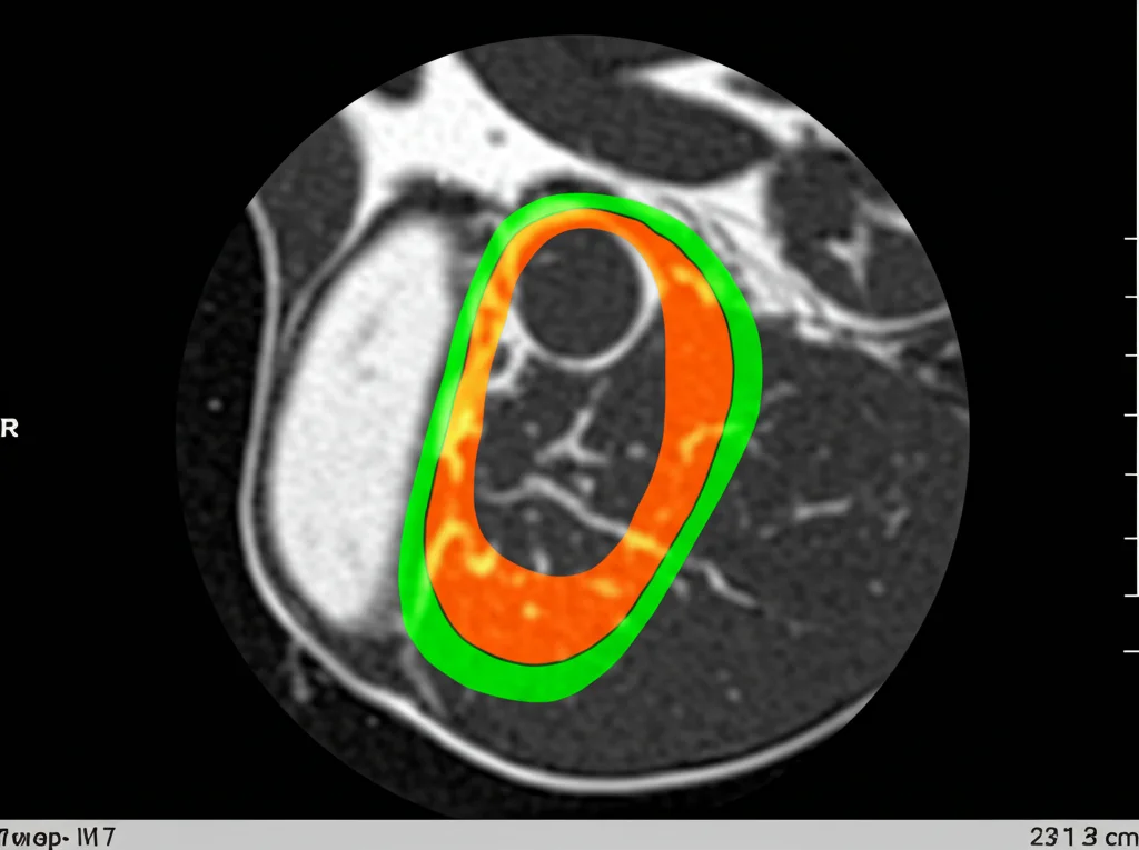 Immagine fotorealistica di una risonanza magnetica cardiaca (CMR) che mostra una sezione trasversale del cuore umano. Evidenziare con colori contrastanti il muscolo cardiaco (miocardio), il grasso epicardico (EAT) che lo circonda, e aree indicative di fibrosi (magari con una texture leggermente diversa o un colore specifico). Usare un obiettivo macro virtuale (es. 100mm) per alto dettaglio e illuminazione controllata da studio medico. 