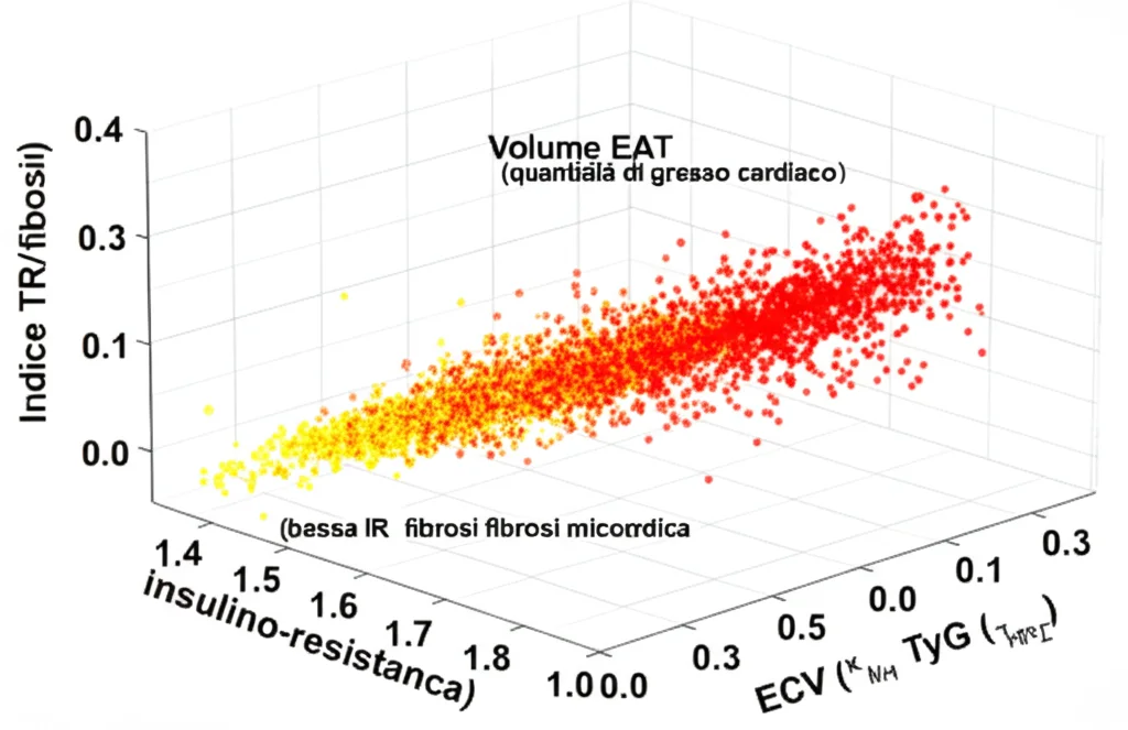 Grafico 3D fotorealistico che mostra la relazione tra Indice TyG (asse X, livello di insulino-resistenza), Volume EAT indicizzato (asse Y, quantità di grasso cardiaco) e ECV (asse Z, livello di fibrosi miocardica). I punti dati dei pazienti sono colorati con una sfumatura da giallo (bassa IR/fibrosi) a rosso (alta IR/fibrosi), mostrando una tendenza chiara. Stile grafico scientifico ma visivamente accattivante, alta risoluzione.