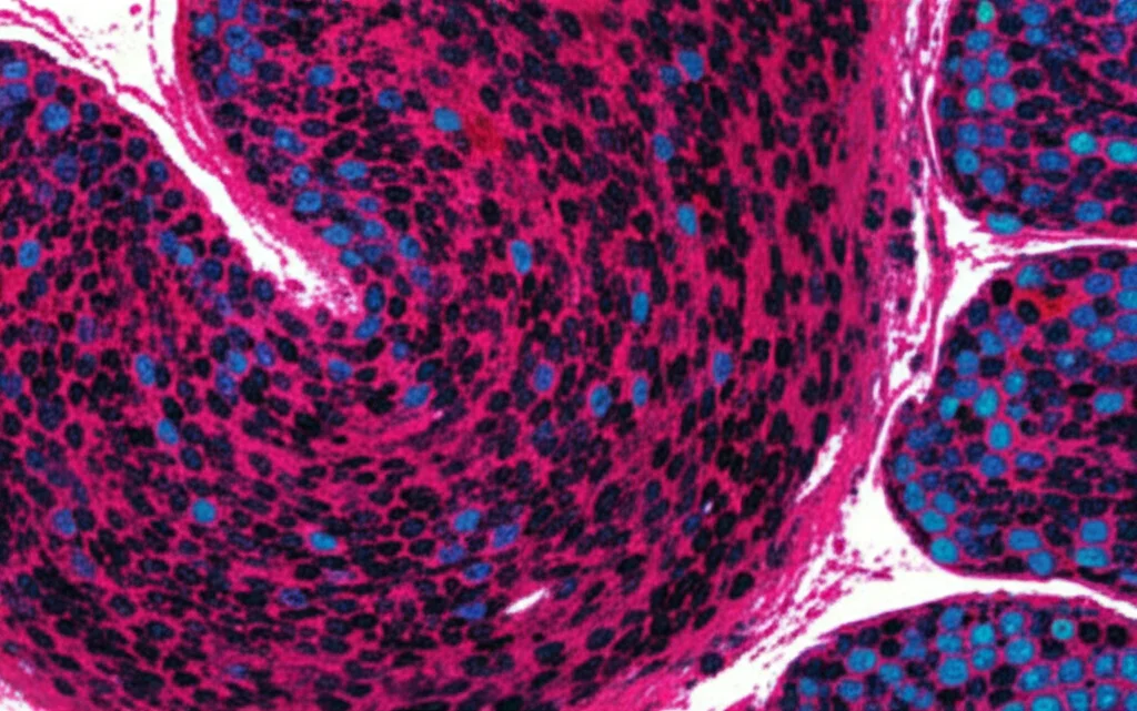 Immagine fotorealistica al microscopio di una sezione di tubulo prossimale renale di topo, obiettivo macro 100mm, alta definizione, illuminazione controllata, con colori artificiali che evidenziano l'espressione differenziale di geni tra maschio (blu) e femmina (rosa).