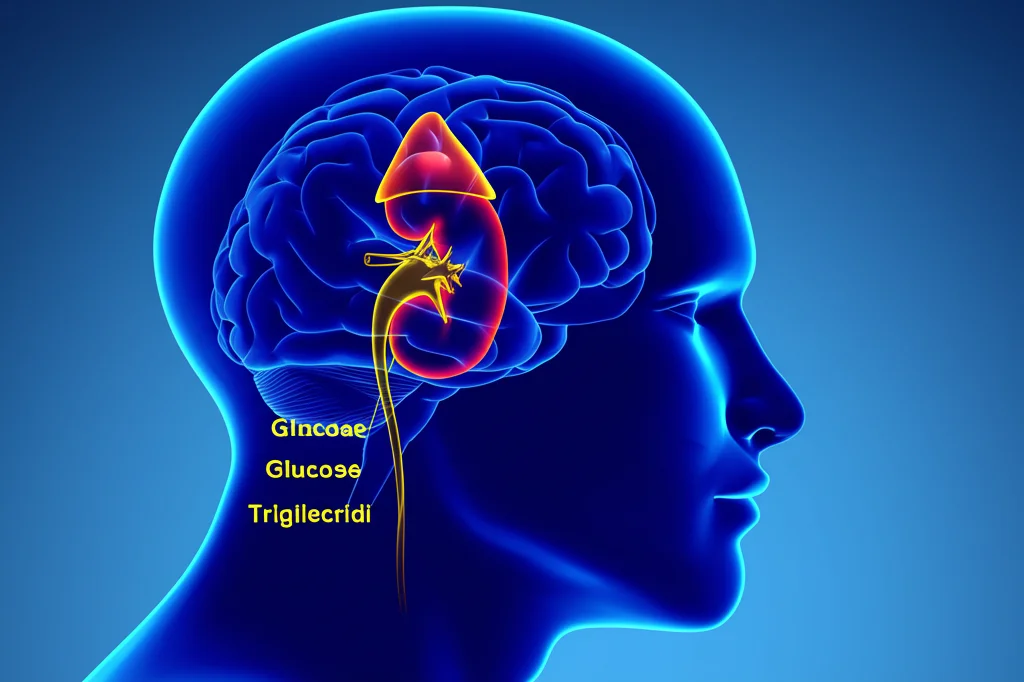 Immagine concettuale astratta che mostra la connessione tra metabolismo (simboli stilizzati di glucosio e trigliceridi), cervello (sagoma stilizzata con un punto rosso a indicare l'aneurisma) e reni (sagoma stilizzata di un rene). Illuminazione controllata, dettagli elevati, lente macro 80mm, per evidenziare l'interazione tra questi sistemi.