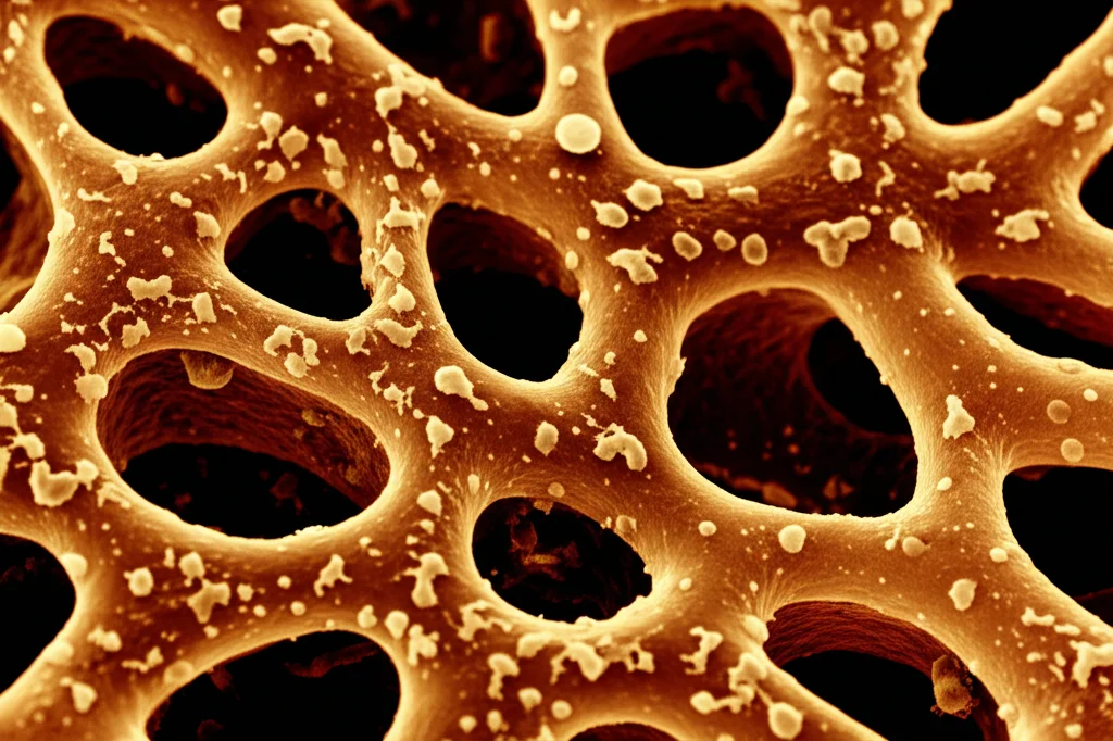 Micrografia elettronica stilizzata di cellule tubulari renali che mostrano segni di stress o danno, con dettagli elevati e messa a fuoco precisa. Lente macro 100mm, illuminazione drammatica per enfatizzare la vulnerabilità cellulare.
