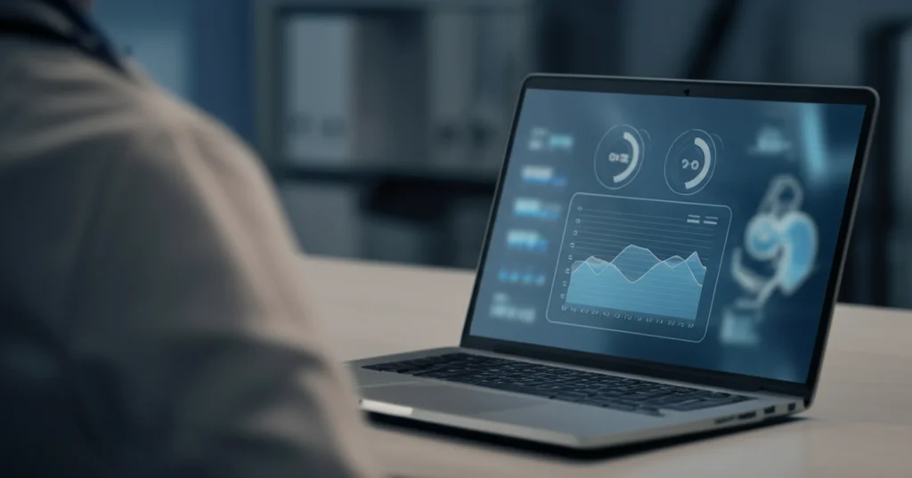 Fotografia di un medico o ricercatore che analizza dati su un computer portatile in un ambiente clinico moderno. Lo schermo mostra grafici stilizzati relativi al rischio renale e all'indice TyG. Lente prime 35mm, profondità di campo ridotta per focalizzare l'attenzione sullo schermo e sul volto concentrato del medico. Tonalità duotone blu e grigio per un look professionale.