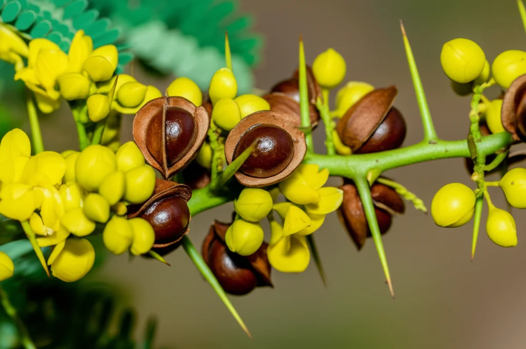 Macro fotografia dei semi marroni scuri e lucidi della pianta Caesalpinia decapetal*a, 80mm Macro lens, alta definizione, messa a fuoco precisa su un seme, sfondo leggermente sfocato della pianta rampicante con spine e fiori gialli, luce naturale controllata.