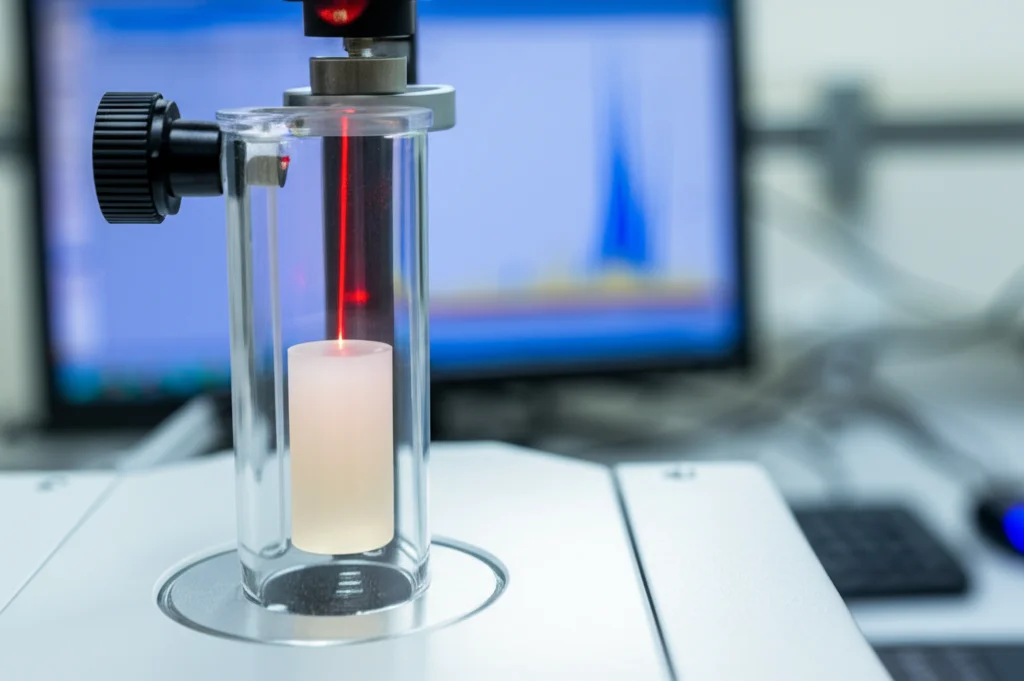 Immagine di laboratorio scientifico, primo piano di un campione di nanoemulsione lattiginosa ma traslucida in una cuvetta di vetro per analisi DLS (Dynamic Light Scattering), fascio laser visibile che attraversa il campione, sfondo con monitor che mostra picchi di distribuzione dimensionale, 50mm prime lens, profondità di campo, illuminazione tecnica.
