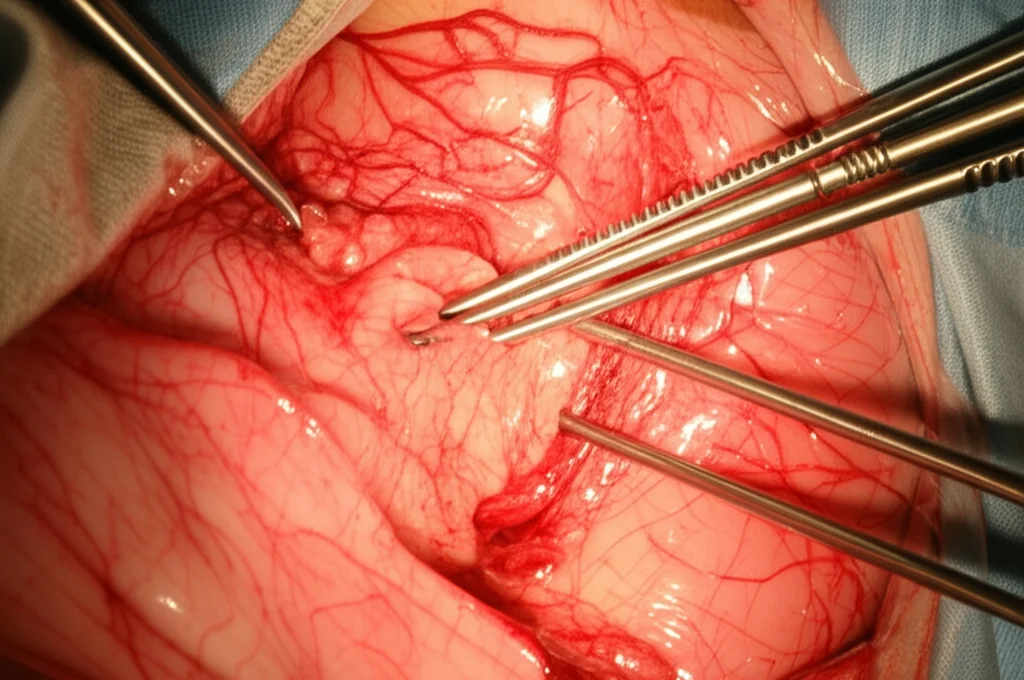 Vista fotorealistica intraoperatoria durante una eminefrectomia laparoscopica di un rene a ferro di cavallo. Si vedono gli strumenti chirurgici che manipolano delicatamente i tessuti renali e i vasi sanguigni anomali. Focus preciso sui dettagli anatomici, illuminazione chirurgica brillante, obiettivo macro 90mm.