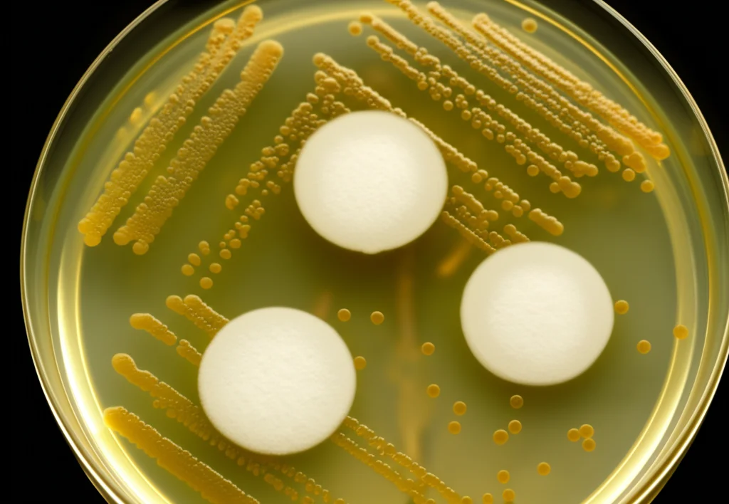 Macro fotografia di una piastra di Petri con terreno di coltura agarizzato, 90mm Macro lens, zone di inibizione chiare circolari ben definite attorno a tre dischetti bianchi imbevuti di nanoemulsione a diverse concentrazioni, colonie batteriche (es. S. aureus, dorate) visibili nel resto della piastra, illuminazione da laboratorio controllata, alta definizione, messa a fuoco sulle zone di inibizione.