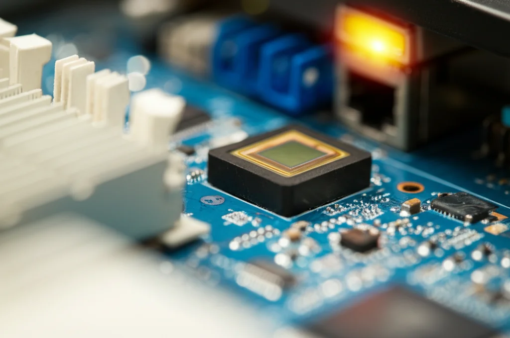 Fotografia macro di un sensore wireless compatto montato su un componente elettrico all'interno di un data center, messa a fuoco precisa sui dettagli del sensore, illuminazione controllata, obiettivo macro 85mm.