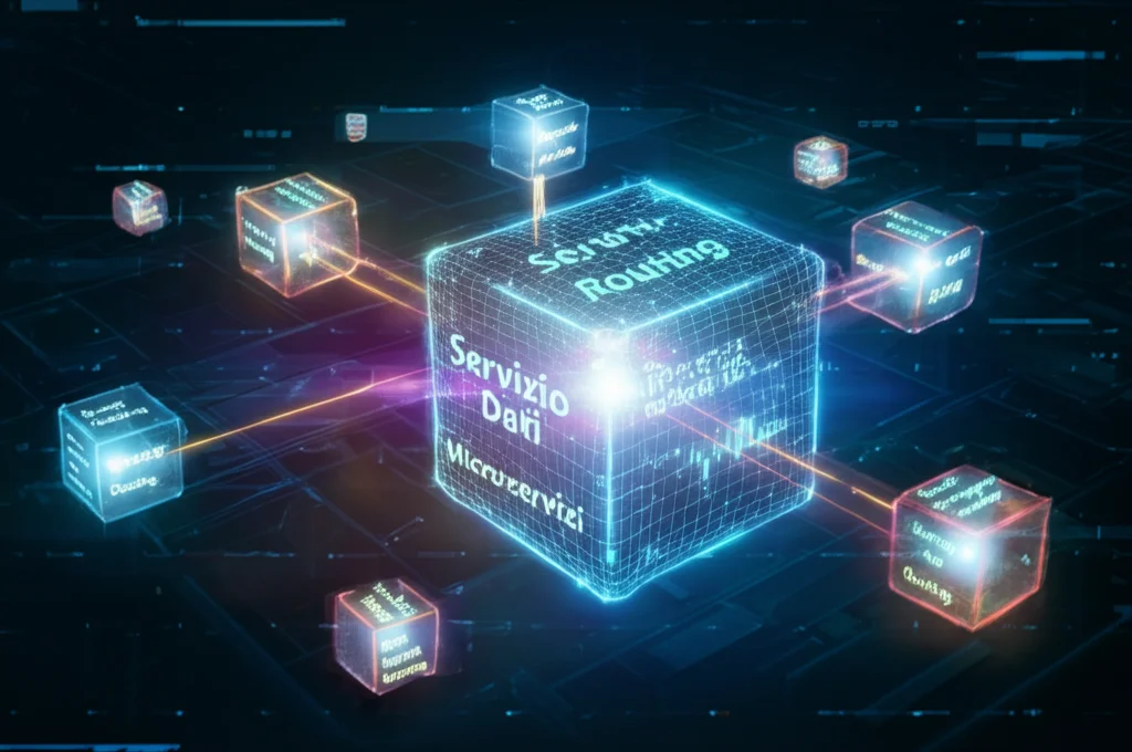 Visualizzazione astratta del flusso di dati in una architettura a microservizi, linee luminose che collegano cubi fluttuanti etichettati come 'Servizio Dati', 'Servizio Analisi', 'Servizio Routing', sfondo scuro high-tech, stile wireframe luminoso.