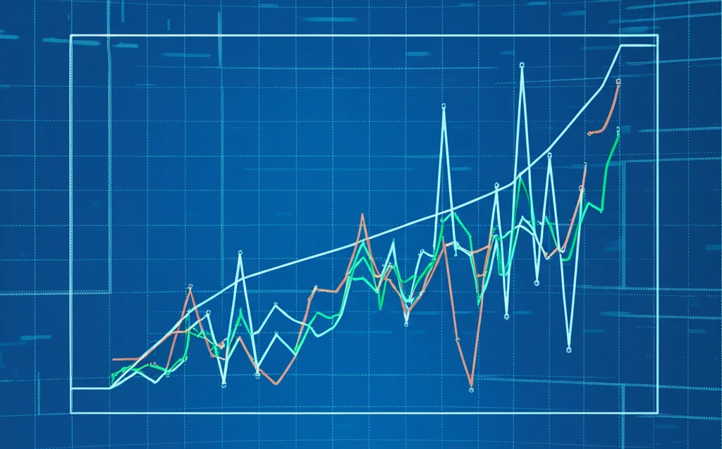Grafico astratto che mostra una linea stabile con deviazione standard minima (rappresentante la stabilità del sistema proposto) sovrapposta a linee più fluttuanti (metodi tradizionali), sfondo digitale blu, alta leggibilità.