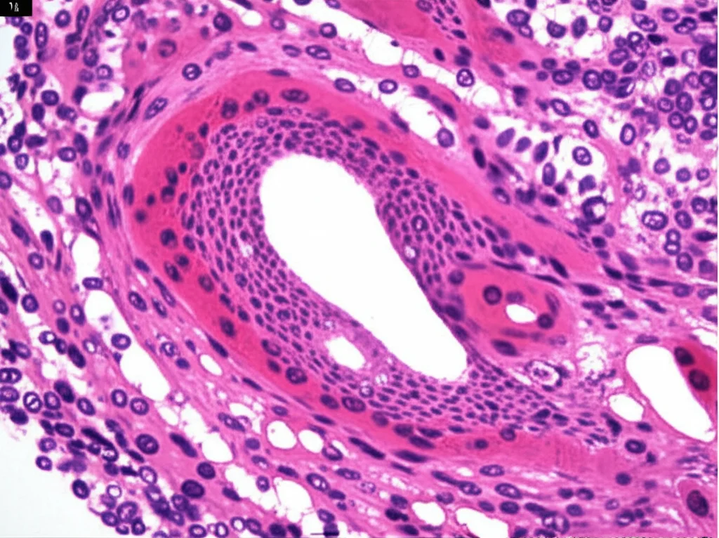 Sezione istologica di un'arteria renale di coniglio embolizzata con Glubran 2, colorazione ematossilina-eosina. Si osserva il materiale embolico (*) all'interno del lume vasale dilatato, circondato da una reazione infiammatoria granulomatosa con cellule giganti multinucleate (▲). La parete vasale appare necrotica. Lente macro 100mm, alta definizione, illuminazione controllata.