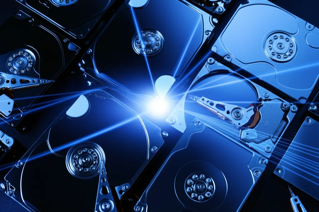 Fotografia macro di diversi hard disk isolati su uno sfondo scuro, collegati da sottili linee luminose blu convergenti verso un nodo centrale luminoso che rappresenta il server. Obiettivo macro 60mm, alta definizione, illuminazione controllata per enfatizzare l'isolamento e la connessione federata, profondità di campo.