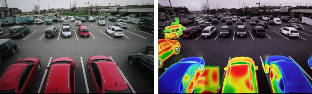 Visualizzazione su schermo di computer: a sinistra un'immagine da drone di un parcheggio, a destra la stessa immagine con una sovrapposizione di heatmap EigenCAM che illumina intensamente le aree corrispondenti alle auto rilevate. Obiettivo macro 60mm, alta definizione, illuminazione controllata dello schermo.