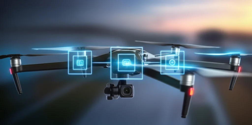 Immagine concettuale dell'ensemble learning: tre diverse reti neurali stilizzate (YOLOv5, YOLOv8, un'altra) i cui output convergono verso un unico riquadro di rilevamento più preciso e sicuro su un'immagine di sfondo sfocata da drone. Effetti luminosi sulle connessioni, profondità di campo.