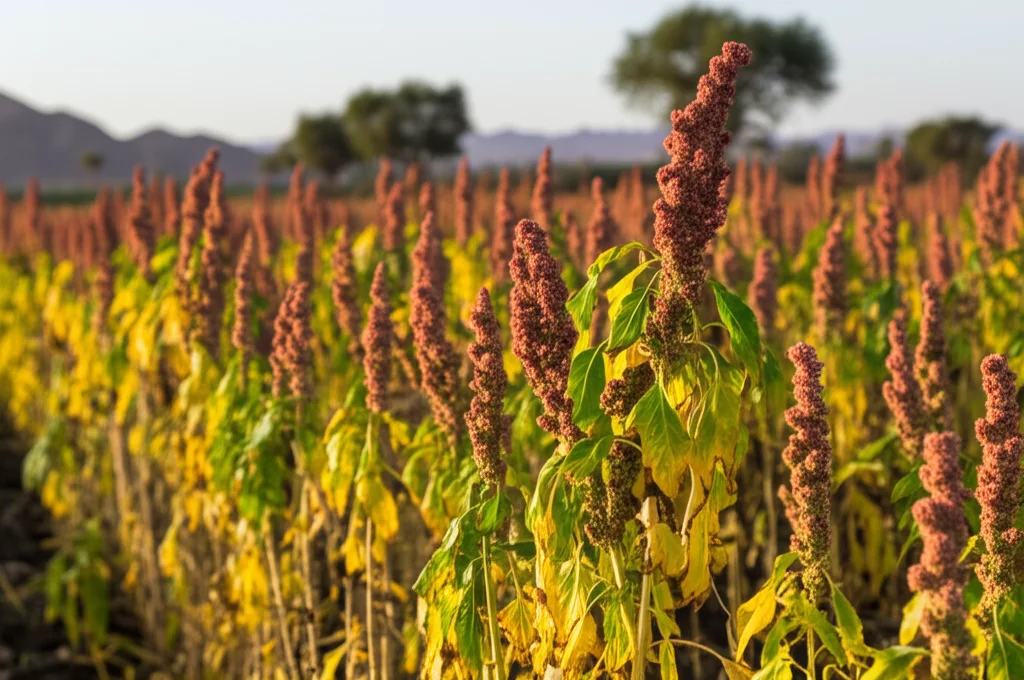 Campo coltivato a quinoa in Egitto sotto il sole del mattino, le spighe mature ondeggiano leggermente. Stile fotorealistico, obiettivo grandangolare 24mm per catturare l'ampiezza del campo, messa a fuoco nitida sulle piante in primo piano, luce naturale morbida.