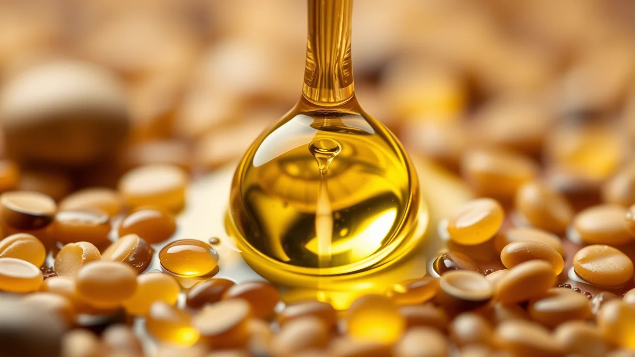 Primo piano macro di gocce d'olio dorato estratto da semi di chia, amaranto e quinoa, con i semi stessi visibili sfocati sullo sfondo. Illuminazione da laboratorio precisa che evidenzia la viscosità e la trasparenza dell'olio, obiettivo macro 100mm, alta definizione, focus sulla goccia principale.
