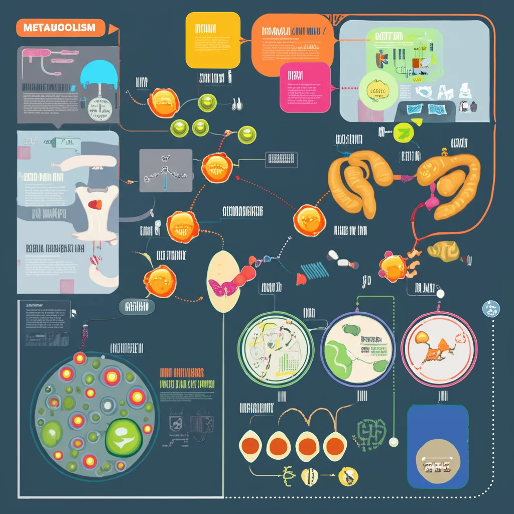 Illustrazione grafica stilizzata del metabolismo umano che mostra molecole come amminoacidi e acidi grassi che interagiscono, colori vivaci su sfondo scuro, stile infografica scientifica.