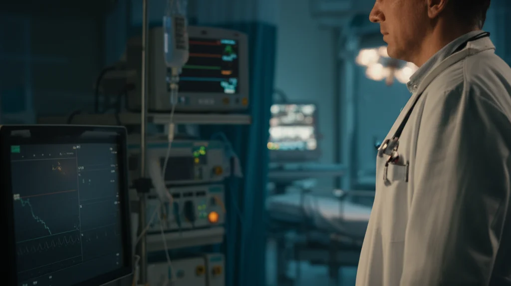 Medico in camice bianco che osserva attentamente i dati su un monitor in un'unità di terapia intensiva, luce soffusa dell'ospedale, profondità di campo che sfoca leggermente lo sfondo con attrezzature mediche, obiettivo prime 35mm.