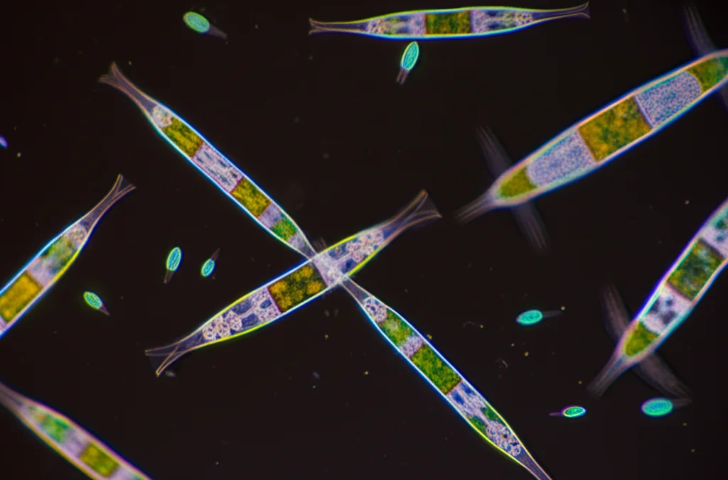 Macro fotografia di diverse specie di diatomee microscopiche luminose in una goccia d'acqua su una superficie scura, illuminazione laterale controllata per evidenziare le texture, lente macro 100mm, alta definizione dei dettagli delle loro intricate strutture silicee.