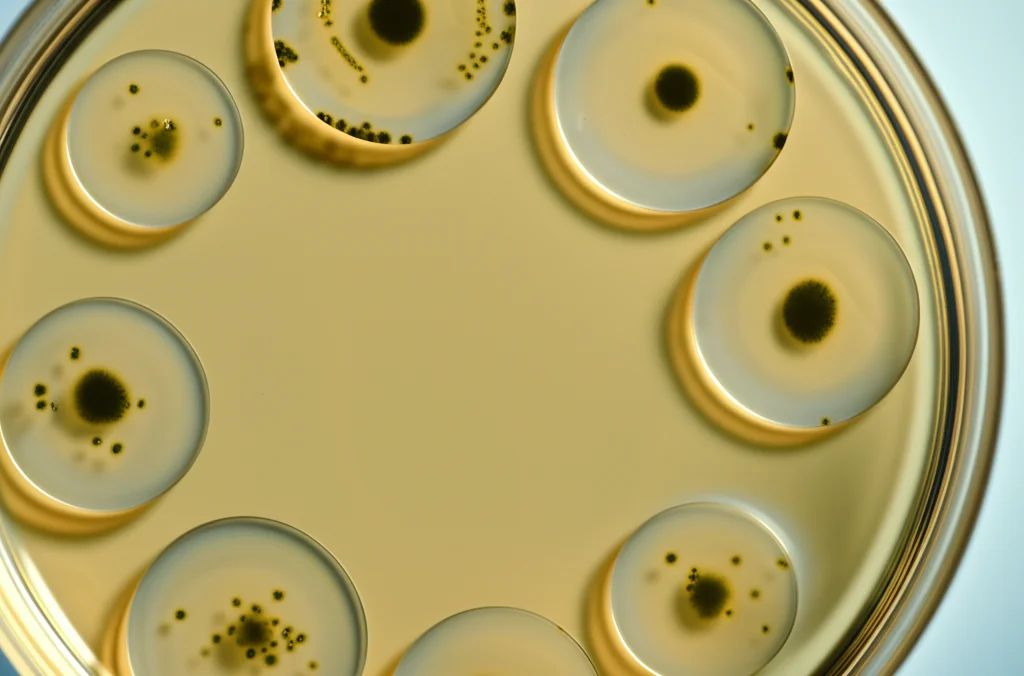 Piastra di Petri con terreno di coltura agarizzato, vista dall'alto. Si vedono colonie batteriche e piccoli dischi o pozzetti contenenti estratti di microalghe. Attorno ad alcuni pozzetti si nota un alone trasparente, la zona di inibizione della crescita batterica. Fotografia still life, lente macro 60mm, messa a fuoco precisa sulle zone di inibizione, illuminazione da laboratorio.