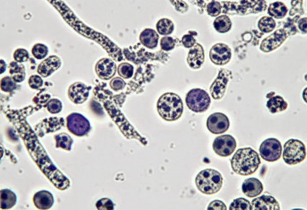 Immagine al microscopio ottico di cellule tumorali umane in coltura (ad esempio, cellule A549 polmonari). Alcune cellule appaiono arrotondate o frammentate, segni di morte cellulare (apoptosi), dopo essere state esposte a un estratto di microalga. Alta definizione, illuminazione chiara da laboratorio, possibile uso di coloranti specifici per evidenziare nuclei o membrane.