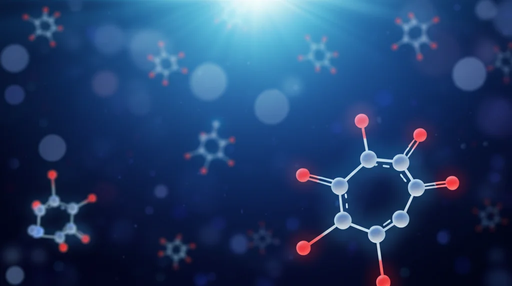 Visualizzazione concettuale astratta di molecole bioattive complesse (acidi grassi polinsaturi, fenoli, polisaccaridi) con strutture chimiche stilizzate che fluttuano luminose su uno sfondo blu scuro che ricorda le profondità marine. Effetto bokeh, profondità di campo ridotta, focus su alcune molecole chiave.