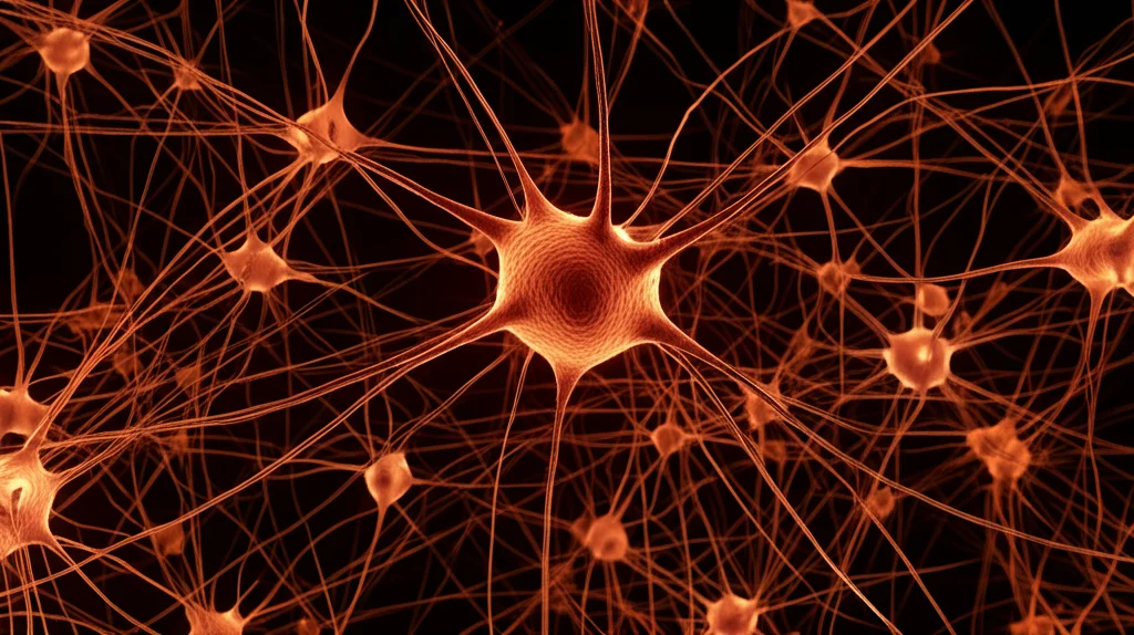 Immagine macrofotografica ad alto dettaglio di neuroni cerebrali umani sani e vibranti, con connessioni sinaptiche evidenti, illuminazione calda e controllata per suggerire salute e vitalità, obiettivo macro 90mm.
