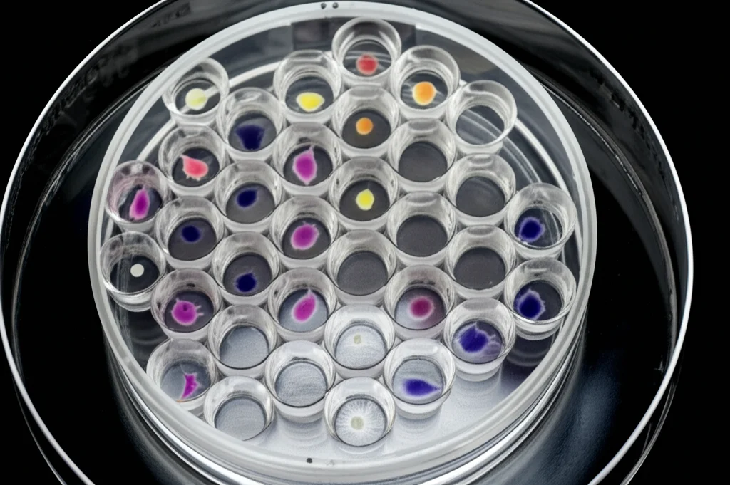 Fotografia di laboratorio still life, obiettivo macro 100mm, messa a fuoco precisa su una piastra di coltura cellulare a 24 pozzetti contenente neuroni differenziati, con alcune pozzetti che mostrano trattamenti diversi, illuminazione da laboratorio controllata e professionale.