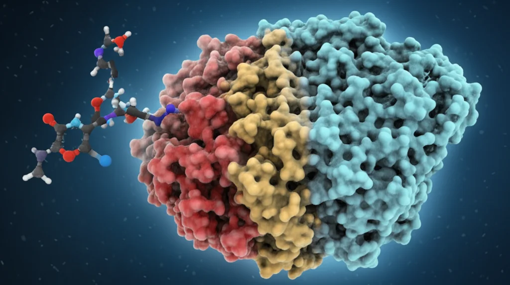 Visualizzazione 3D scientifica astratta che mostra la molecola di Acacetina (struttura stilizzata e luminosa) che interagisce e si lega a una proteina bersaglio dell'autofagia come Lamp2a (rappresentata come una superficie molecolare complessa), su uno sfondo blu scuro con effetti di luce che suggeriscono il ripristino di una funzione biologica, alto dettaglio, stile cinematografico.