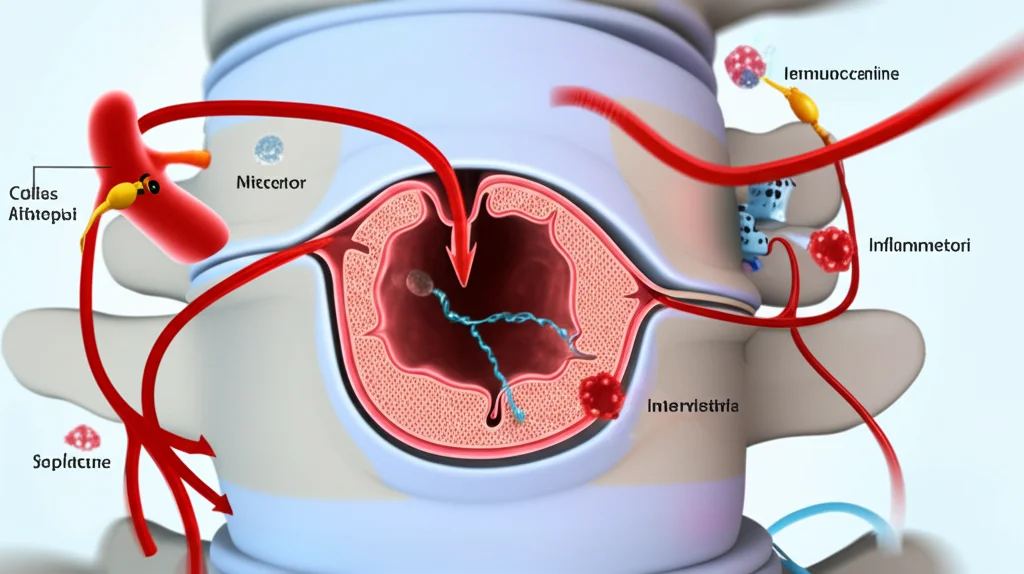 Illustrazione medica che mostra il percorso dall'intestino (con microbiota) attraverso il flusso sanguigno fino al disco intervertebrale, evidenziando le cellule immunitarie e i marker infiammatori. Wide-angle lens, 20mm, sharp focus, illuminazione chiara e clinica.