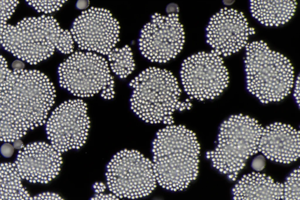 Immagine macro ad alta definizione di nanoparticelle sferiche auto-assemblate in una soluzione acquosa, illuminate con luce controllata per evidenziare la loro struttura. Obiettivo macro 100mm, alta definizione, messa a fuoco precisa.