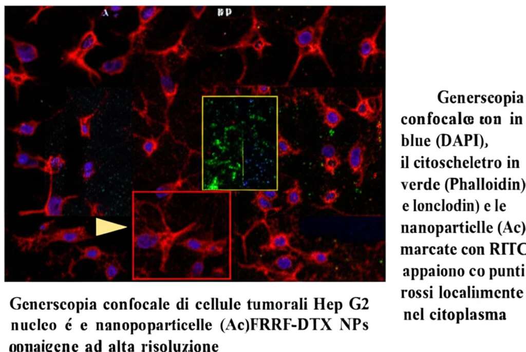 Microscopia confocale di cellule tumorali Hep G2. Il nucleo è colorato in blu (DAPI), il citoscheletro in verde (Phalloidin) e le nanoparticelle (Ac)FRRF-DTX NPs marcate con RITC appaiono come punti rossi localizzati principalmente nel citoplasma. Obiettivo ad alta apertura, immagine ad alta risoluzione.