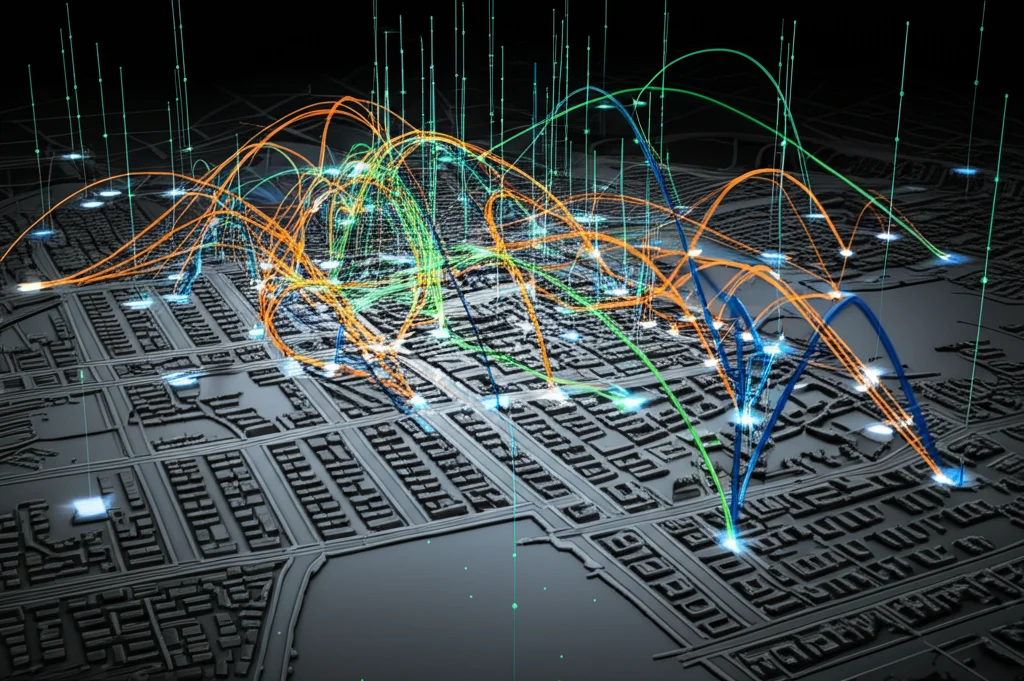 Visualizzazione 3D astratta che mostra flussi di dati colorati (blu, verde, arancione) che convergono verso algoritmi di machine learning rappresentati come nodi luminosi, sovrapposti a una mappa stilizzata e ombreggiata di un quartiere urbano. Obiettivo macro 100mm, alta definizione dei dettagli dei flussi di dati, illuminazione controllata che enfatizza i nodi.
